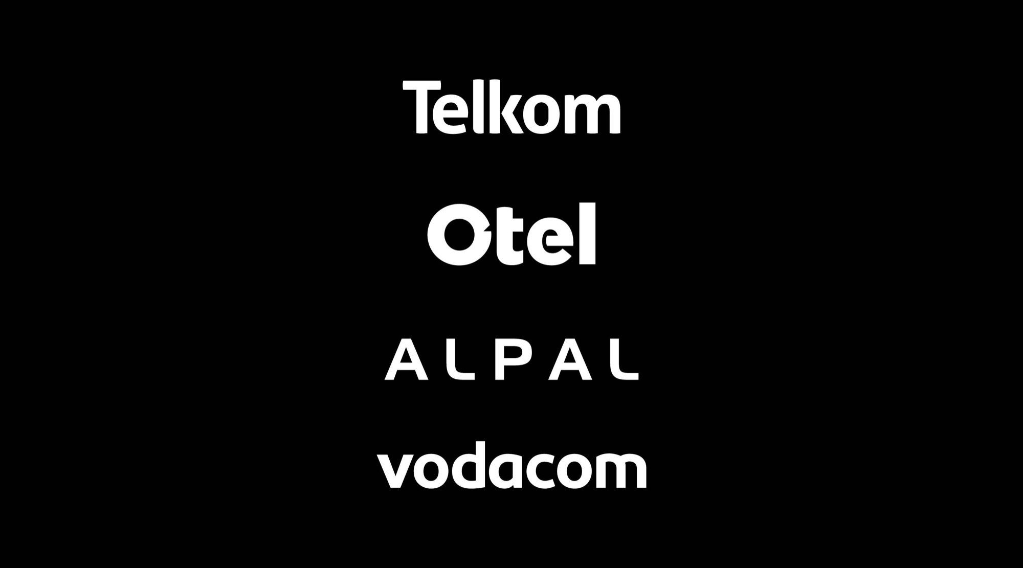 Four geometric sans wordmarks in white on black: Telkom, Otel, ALPAL and vodacom