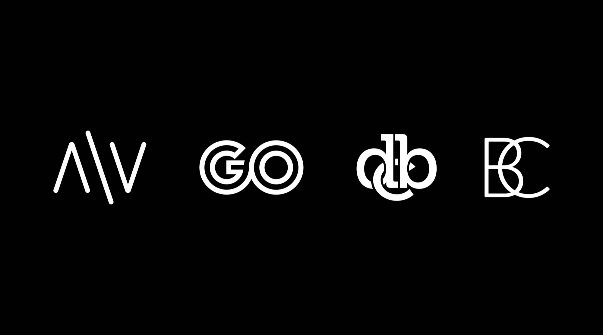 Four line monograms: the Atelier Vosloo A-V, an interlocked GO, a linked db with a play triangle, and a B nested in a C