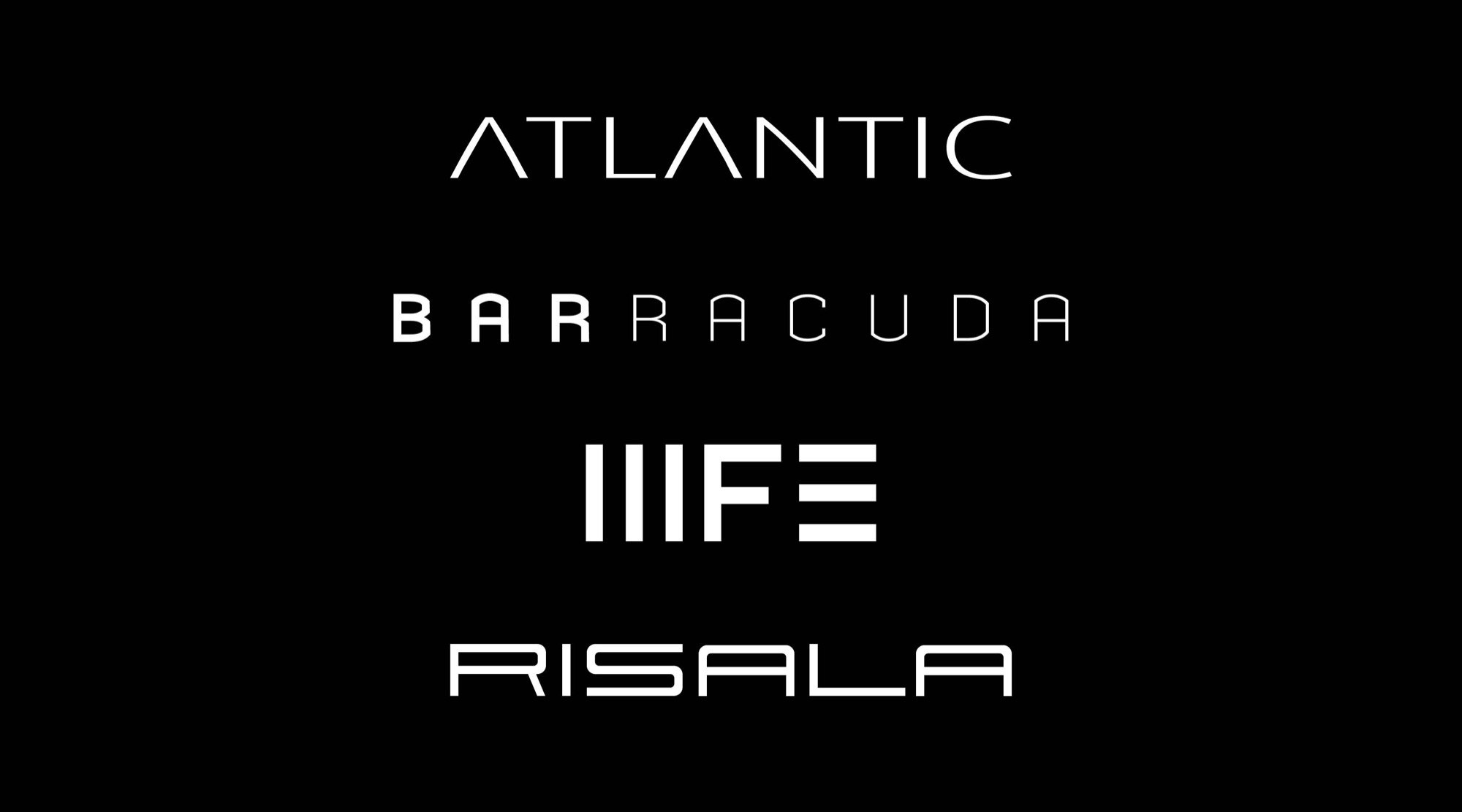 Four thin geometric wordmarks: ATLANTIC, BARRACUDA with a bolder BAR, IIIFE built from bars, and RISALA