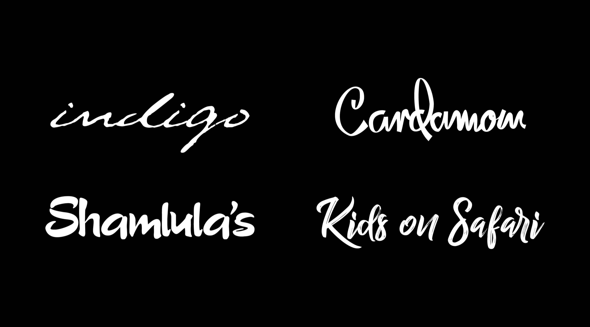 Four handwritten and brush scripts: a fine-line indigo, a looping Cardamom, a fat-brush Shamlula’s, and Kids on Safari
