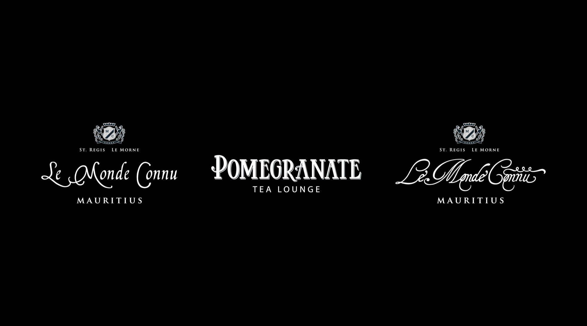 St Regis Le Morne restaurant lockups: two treatments of Le Monde Connu in engraved script beneath a lion-supported crest, with Pomegranate Tea Lounge in a shadowed display face between them