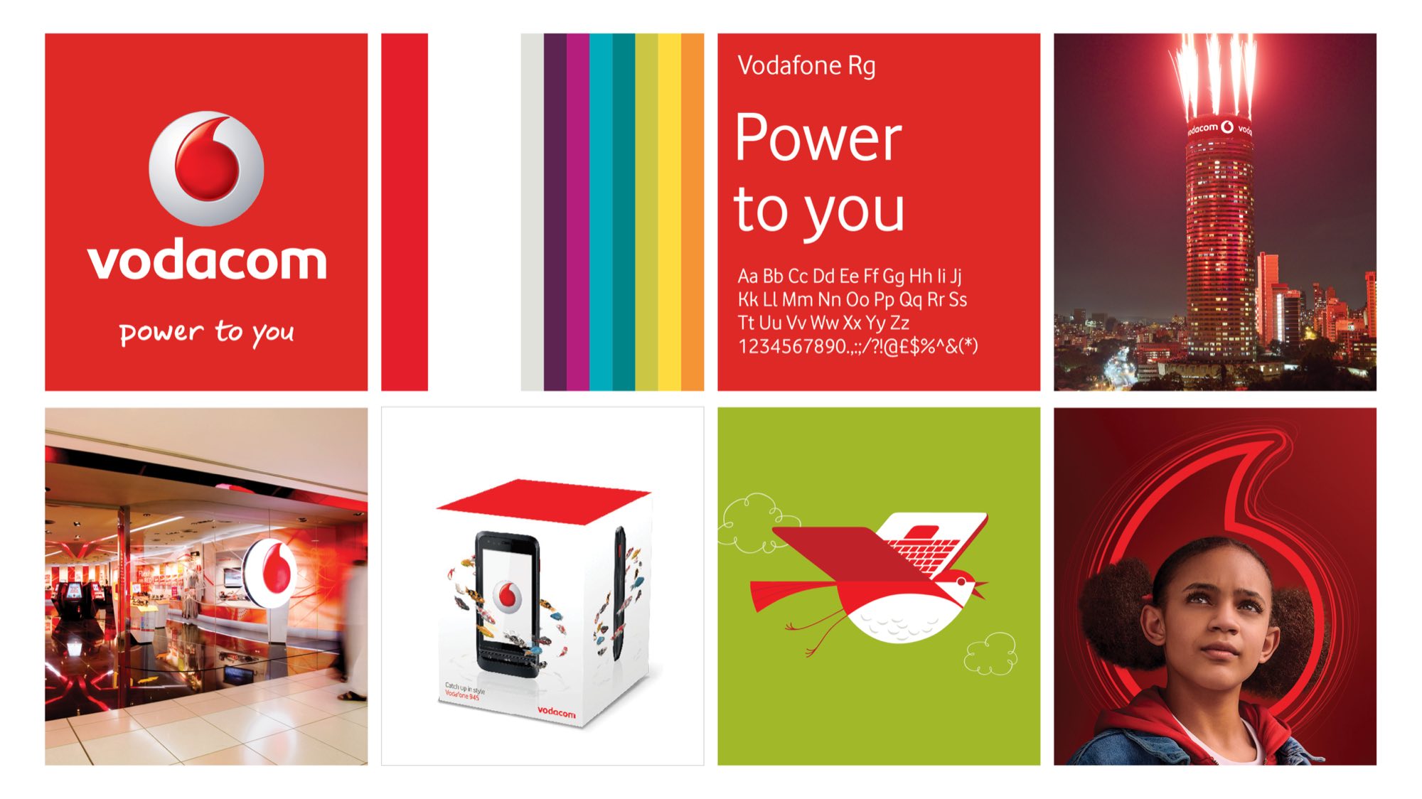 Vodacom brand summary board — the speechmark and Power to you signature on red, the colour palette, a Vodafone Rg type specimen, the branded Ponte tower, a mall storefront, handset packaging, a bird illustration on green, and a girl framed by the speechmark
