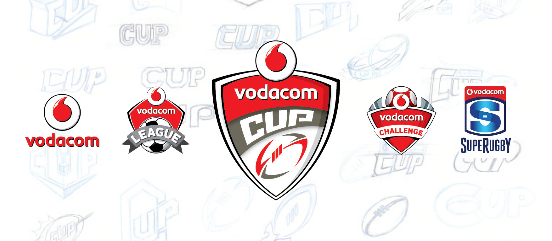 The Vodacom sports identities — League, Cup, Challenge and Super Rugby — set over pale blue construction sketches of the shield