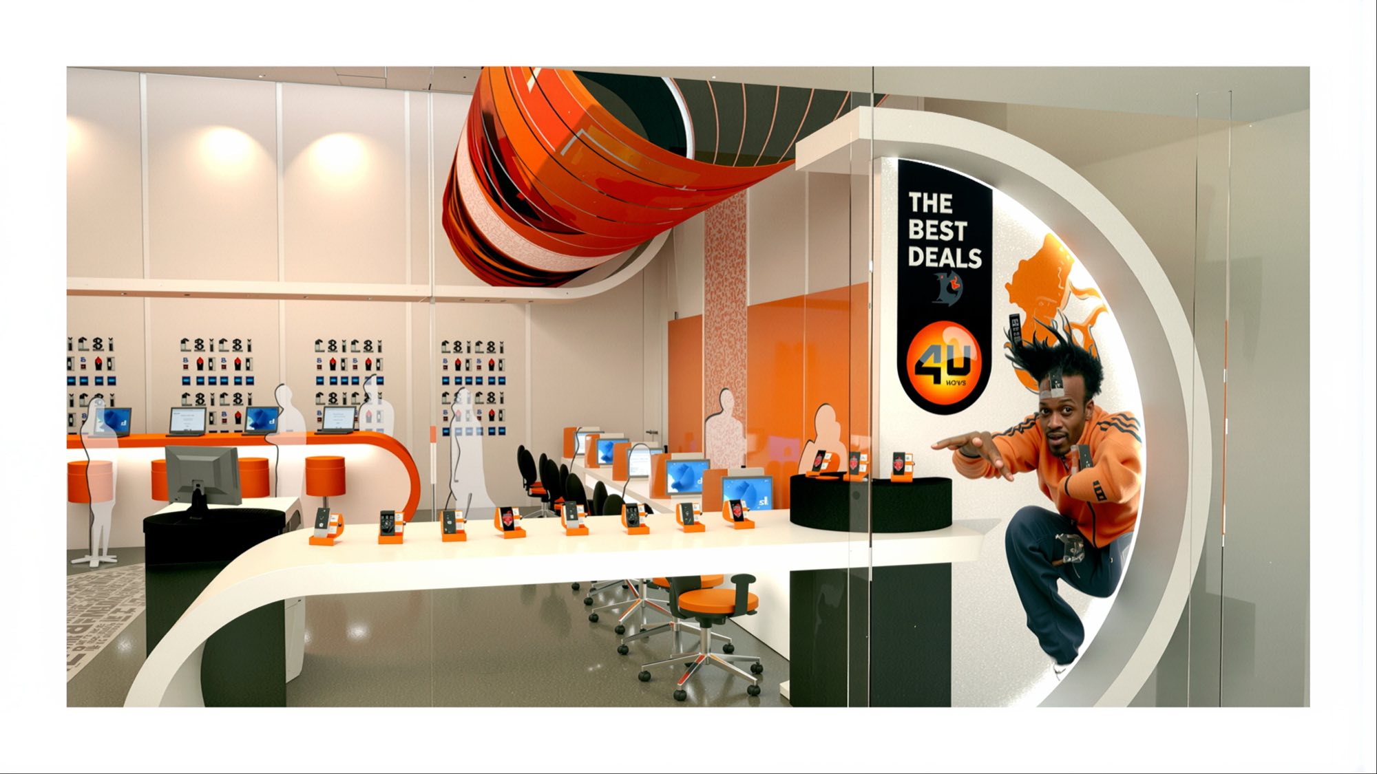 Vodacom 4U store concept: an orange and black interior with a curved handset bar, a wrapped ceiling drum, and a figure bursting from the entrance graphic beside The Best Deals