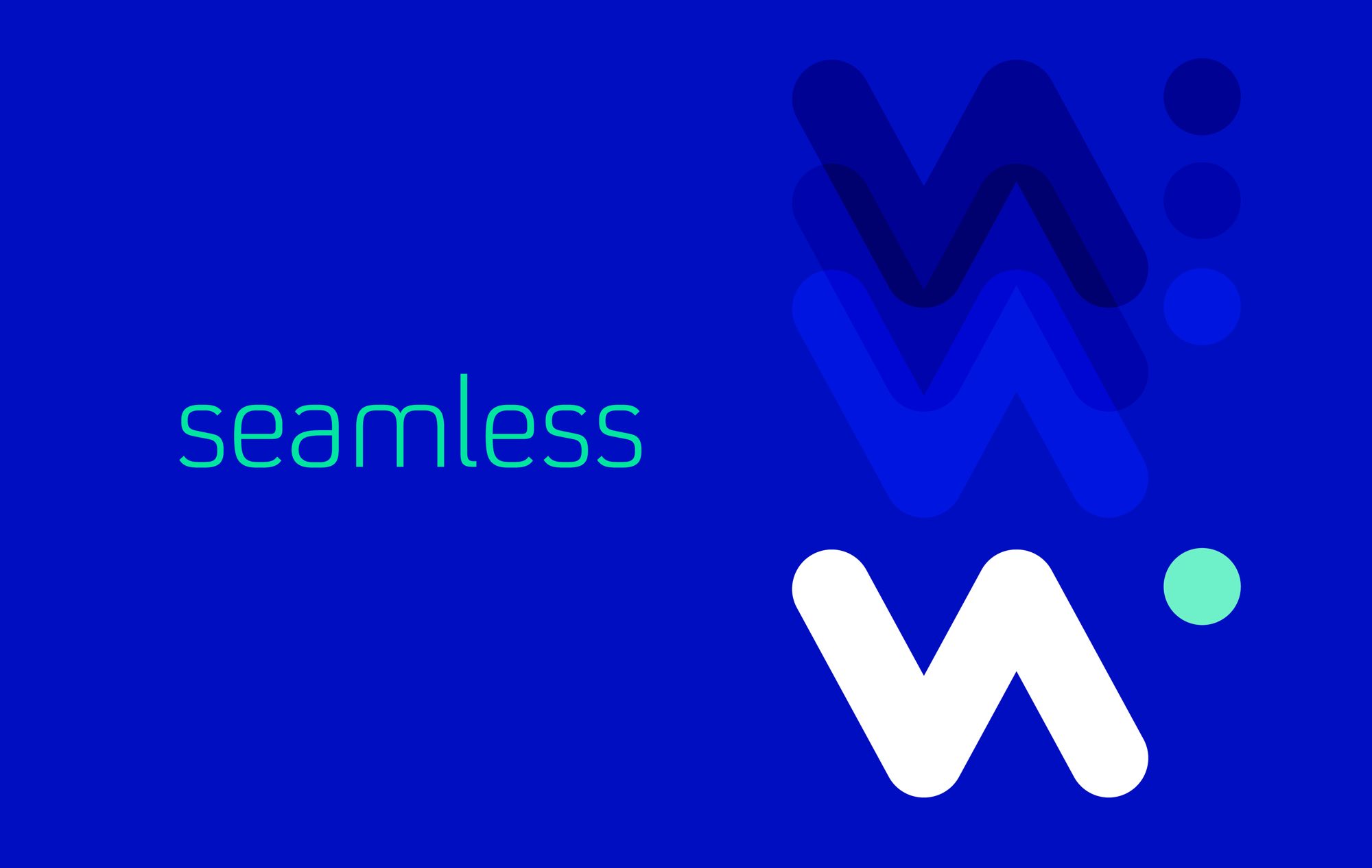 The word “seamless” in green on electric blue, beside the w mark repeated in translucent layers of blue that resolve into a solid white mark with a mint dot