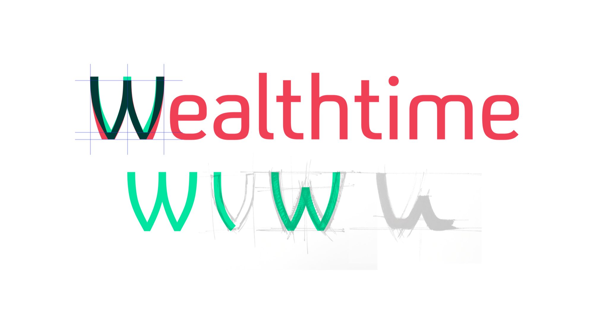 Wordmark construction: the W of Wealthtime drawn in green and navy over its red outline and a light blue grid, with the brush and pencil studies it came from beneath