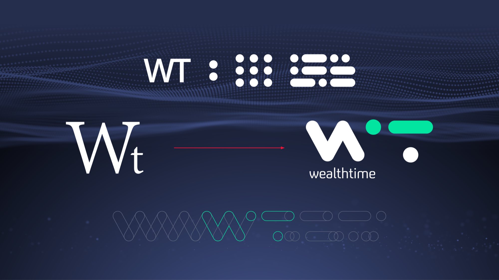 The rebrand on the particle wave: the old serif Wt monogram, a red arrow, and the new wealthtime mark with its green dot and bar, above the line construction and the WT, dot, grid and bar devices