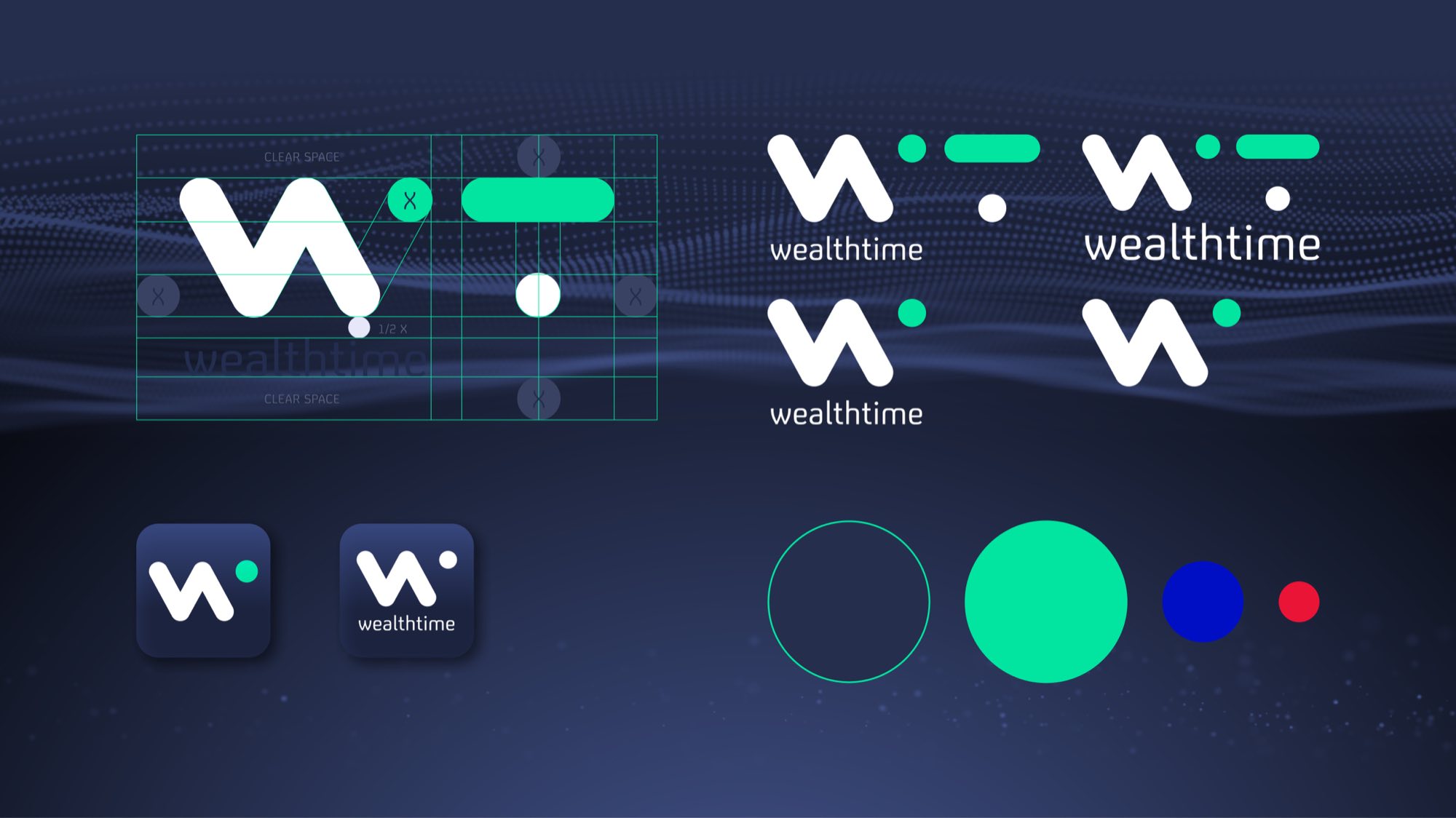 The mark set out on its grid with clear space marked, beside four lockups — mark with wordmark, stacked, and mark alone — the two app icons, and the colour set as circles in green, blue and red