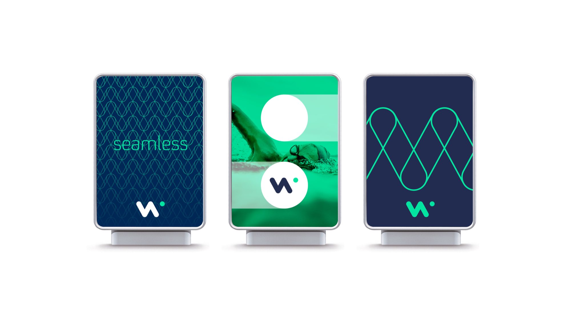 Three lightbox panels: “seamless” over the line pattern in navy, a swimmer in green with the mark in a white circle, and the zigzag pattern drawn large in green on navy