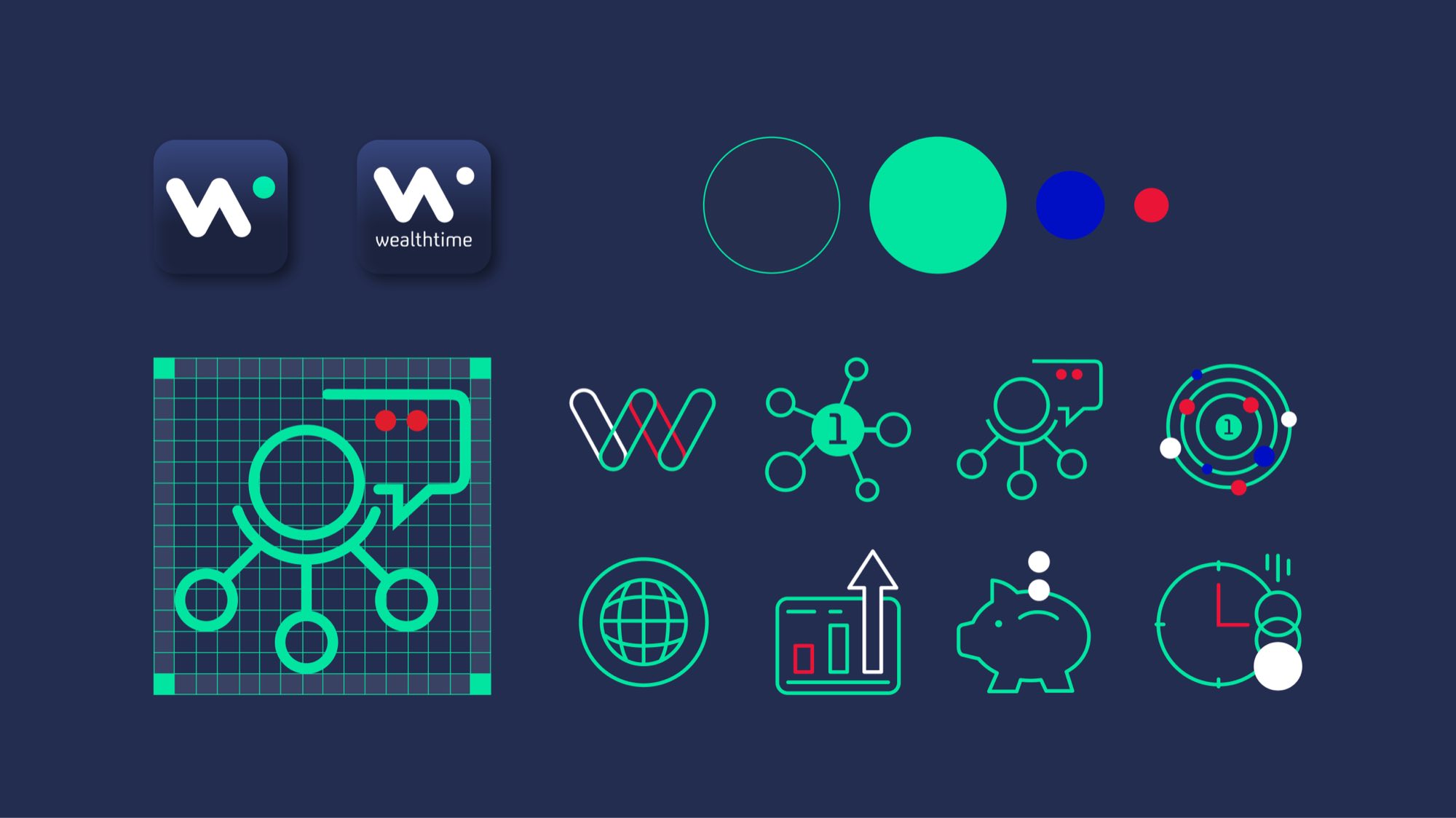 The icon system on navy: the two app icons, the colour circles, an icon drawn on its construction grid, and eight line icons — the W, a node diagram, a chat cluster, an orbit, a globe, a rising chart, a piggy bank and a clock
